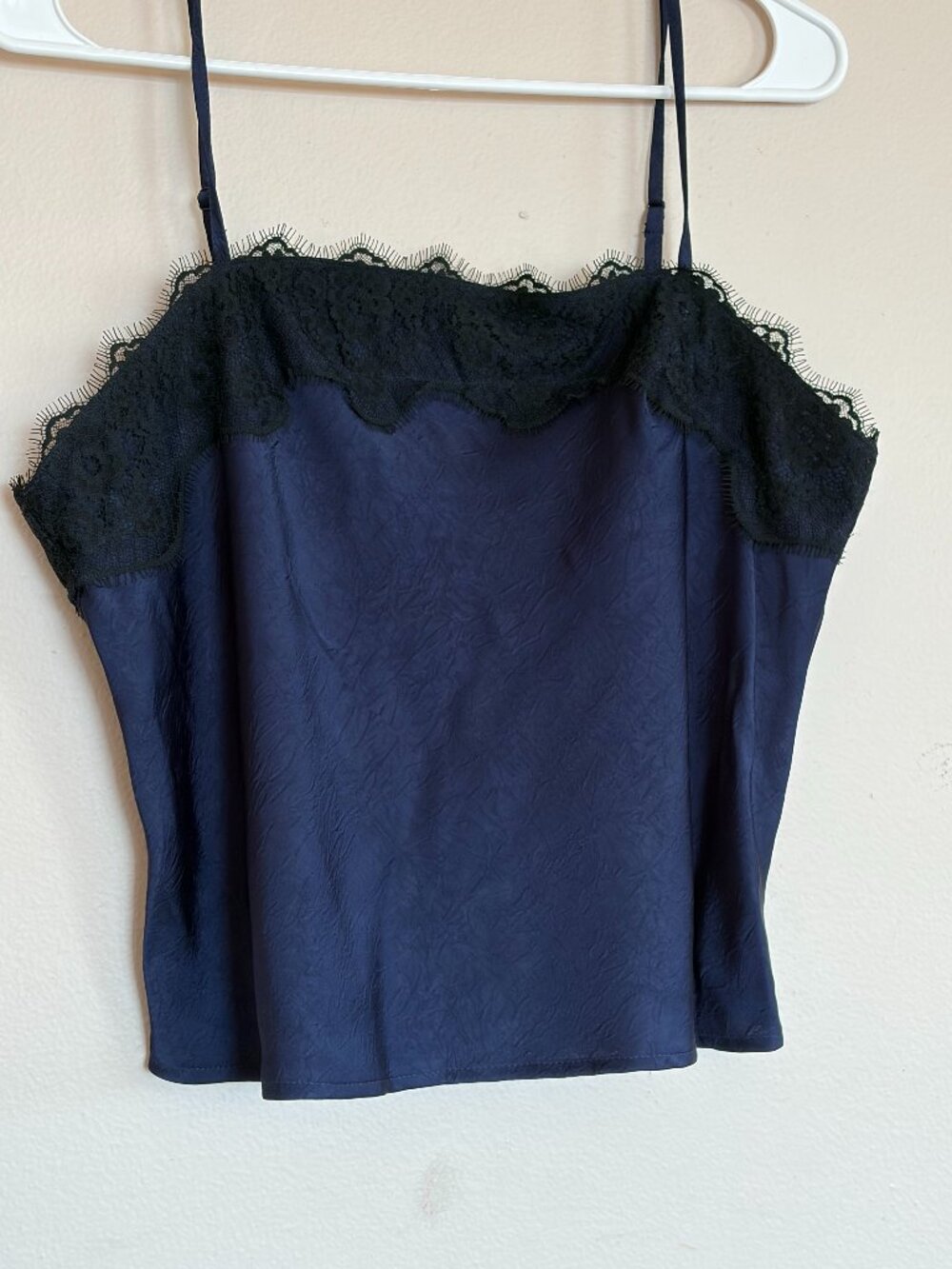 A New Day Navy Blue Satin Cami Tank Top Black Lace Trim Adjustable Straps Large